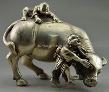 

Collectible Decorated Old Handwork Tibet Silver Carved Child Play Cattle Statue
