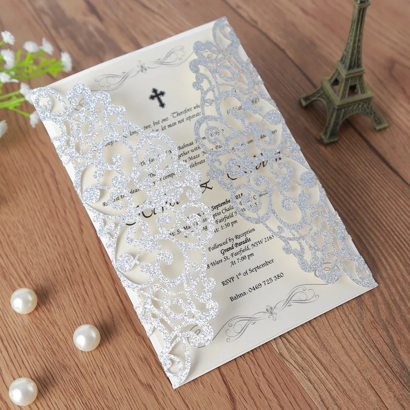  25PCS 5.12 x 7.1 '' Laser Cut Bling Wedding Invitations Cards with Ivory Ribbons - 4.00002E+12
