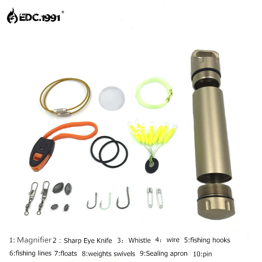 

EDC.1991 SOS Outdoor camping EDC survival kit, fishing tools Aluminum Waterproof Container Light Travel Kits Storage Case