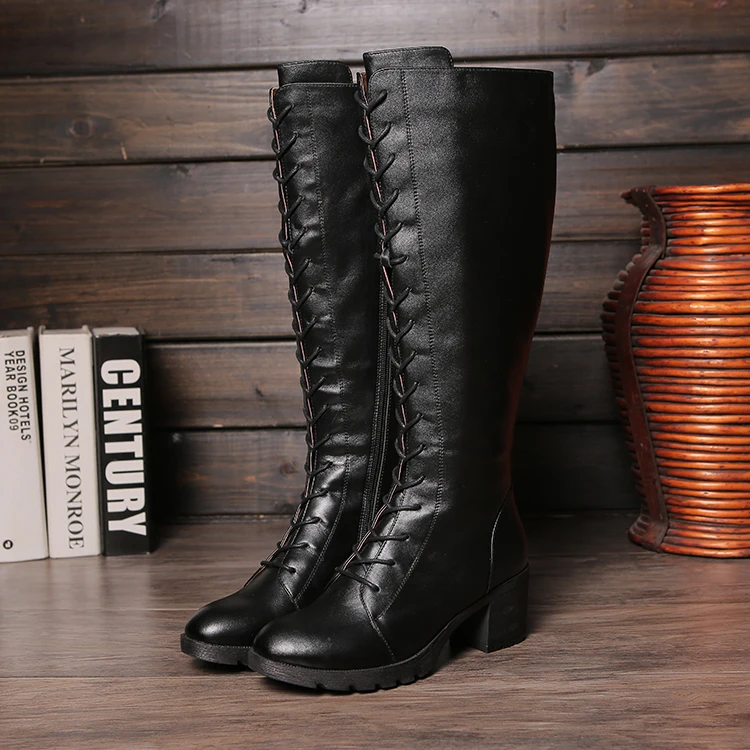 

Discount Winter Womens Knee High Boots Ladies Genuine Leather Slim Long Boots Designer Black Handmade 6.5CM High Heel Boots