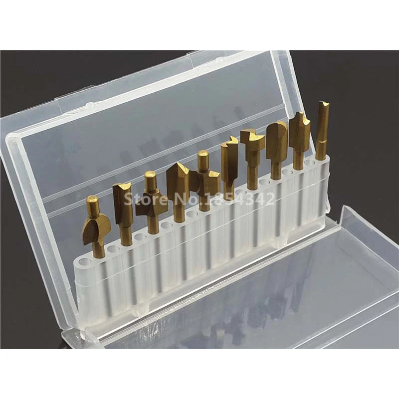 

10pcs Set Box 3mm HSS Titanium Router Bits Wood Cutter Milling Fits Dremel Rotary Tool Engraving Machine Knife Sharpening Slot