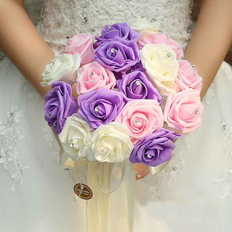

Colorful Bridesmaid Wedding Foam Rose Flowers Bridal Bouquet Crystal Ribbon Fake Wedding Bouquet For Women de noiva