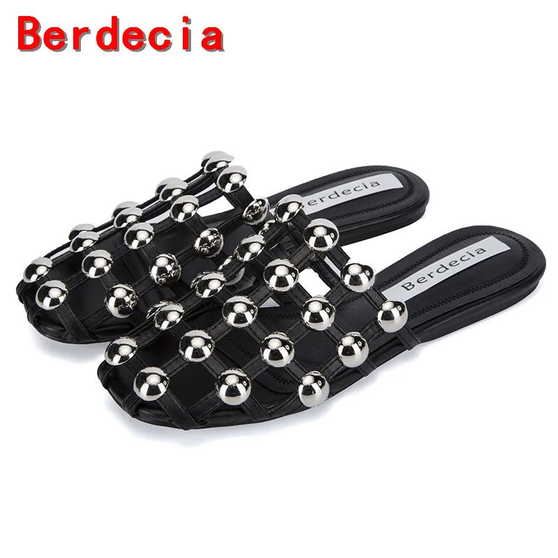 

Berdecia designer flip flops balck beading caged summer shoes beach sandals mules flat slip on closed toed sandals shoes woman