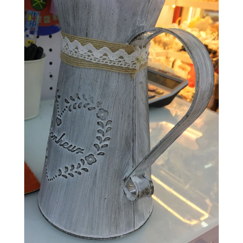 Large/Small Rustic Zinc Iron Jug Vintage Shabby Chic Country Style Engraving Decoration