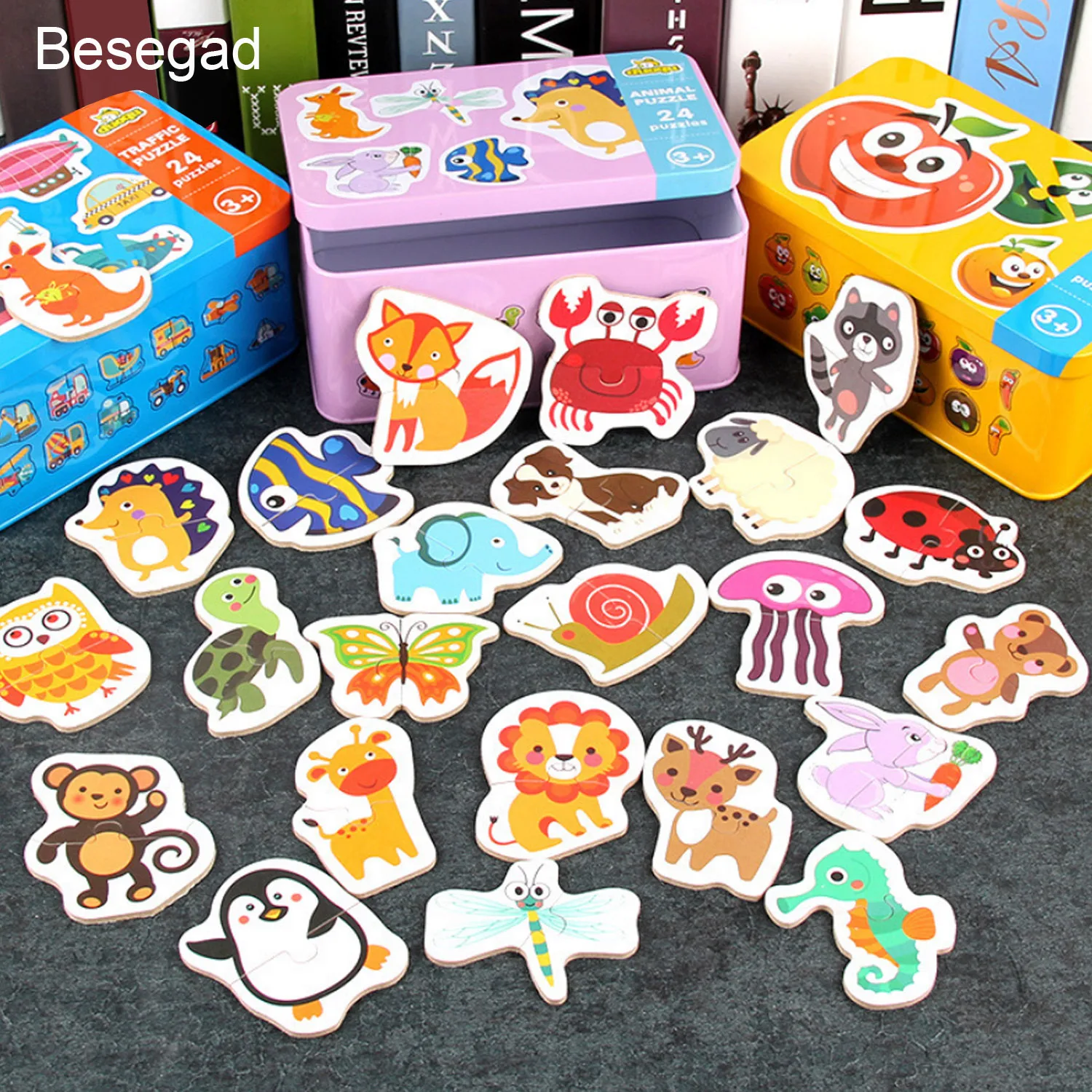 

24 kinds of Cute Cartoon Wooden Puzzle Toys w/ Storage Case for Children Early Development Educational Toy Birthday Puzzle Gift