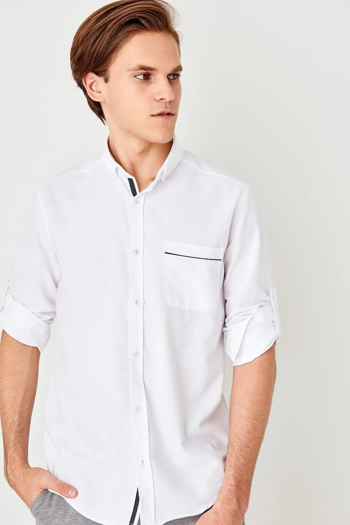 Trendyol белый мужской Slim Fit с длинным рукавом один карман Топ Ektrafor новая рубашка