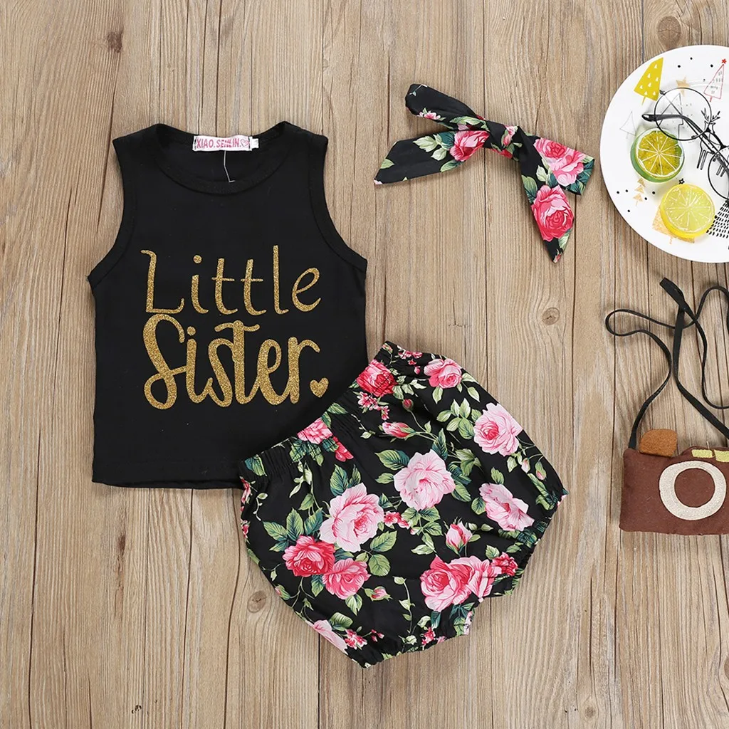 

Baby Girls Dress Sets Cotton Casual Summer Clothes Sleeveless Letter Print Vest Tops Floral Shorts Bow Headbands Outfits Set