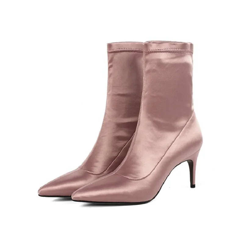 

2019 autumn and winter new pointed booties stretch short stiletto high heel women's shoes pink 0405