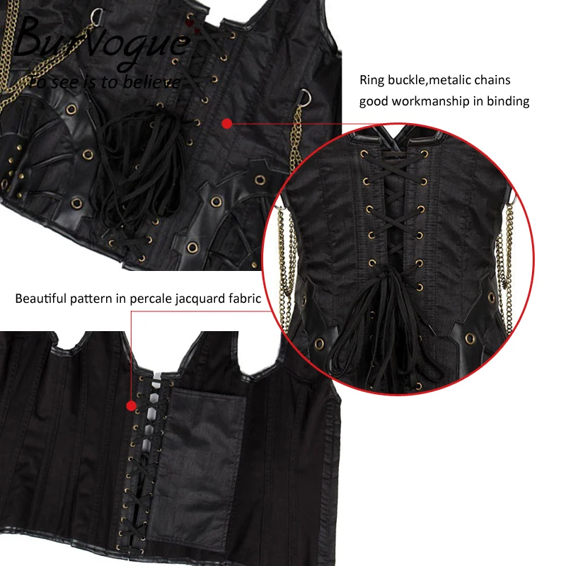 Leather Punk Gothic Clothing Sexy Tank Vest Brass Chain Steel Boned Bustiers
