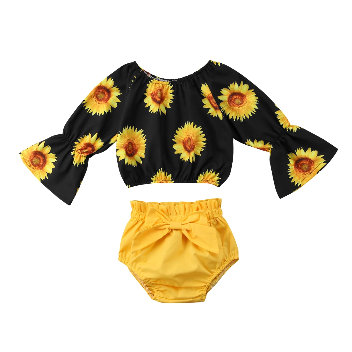 

Summer Floral Baby Girls Long Sleeve Sunflower Tops Bowknot Shorts 2PCS Outfits Set