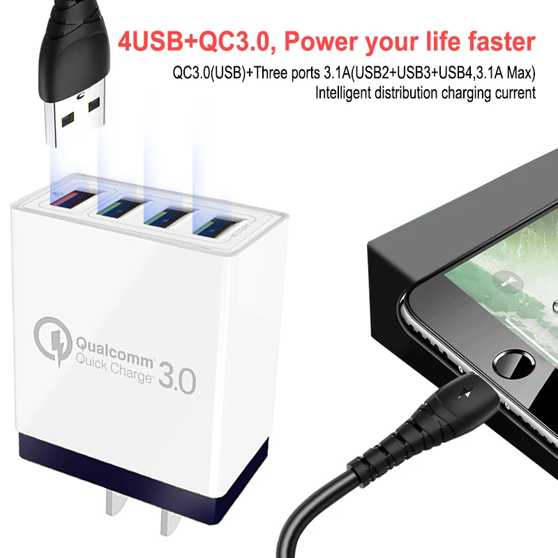 Быстрая зарядка 3,0 USB зарядное устройство EU/US штепсельная Вилка для мобильного телефона, быстрое зарядное устройство для iPhone 7, 4 порта, адаптер QC 3,0, быстрая зарядка