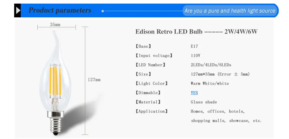 Dimmable E17 LED Filament bulb 2W 4W 6W Candle  Lamp light AC110V Retro Edison Glass 360 Degrees Light for Crystal Chandeliers (3)