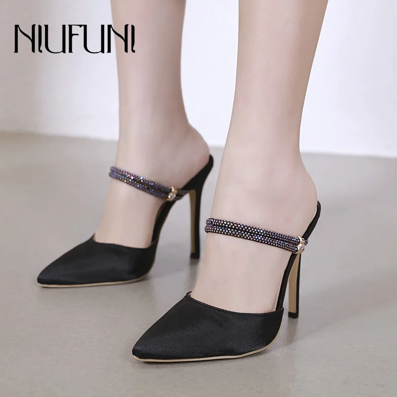 

Fashion Pointed Shallow Black Women's Sandals Half Slippers 2019 Sexy Summer Footwear New Arrival High Heels Women's Shoes