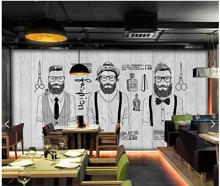 Custom Vintage 3D Barber Shop Wallpaper, Wood Board Salon Mural For