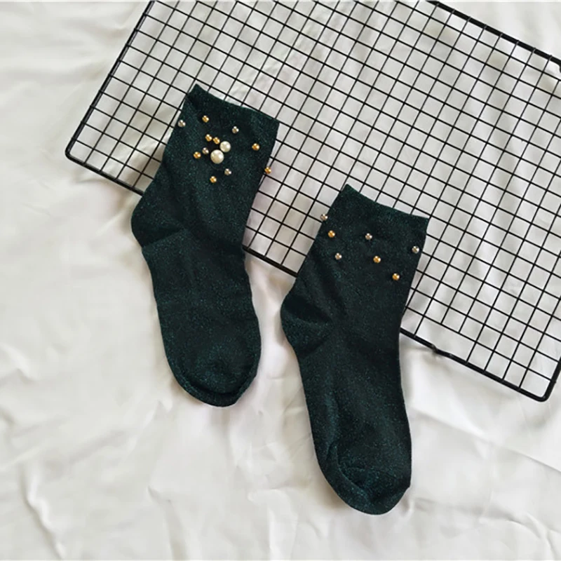 

Original Pearl Decoration Cotton Women Socks Luxury Shiny Harajuku Ankle Socks Female Art Funny Short Socks Hipster Sox New