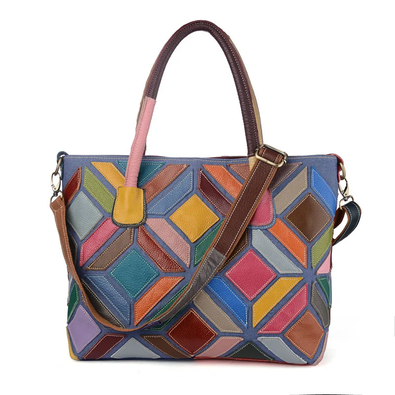 

Genuine Leather Luxury Designer Women Messenger Bags Colorful Patchwork Female Tote Shoulder Bag Rainbow Crossbody Bag ZY14