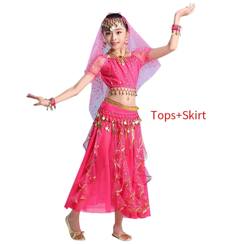 Костюм для танца живота для детей, танцевальный костюм для танца живота, индийский комплект для танца Болливуда, 6 цветов, одежда для танца живота для девочек - Цвет: Rose Red  2pc