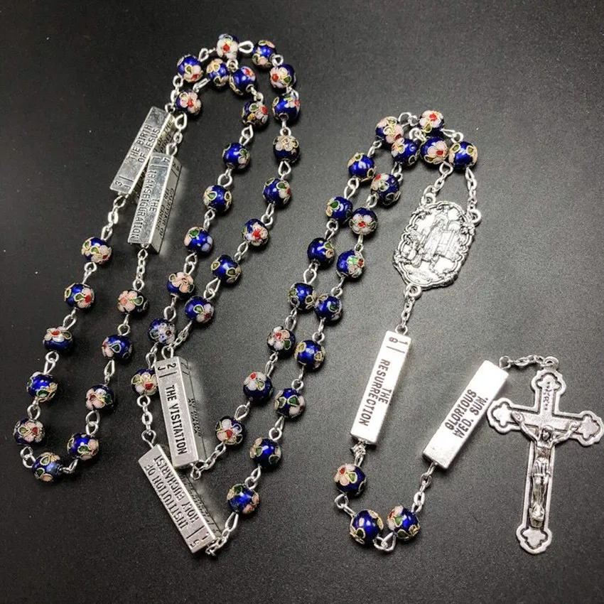Синий цвет 8 мм Cloisonne ожерелье с четками католические четки с пятью miseries fatima центральный