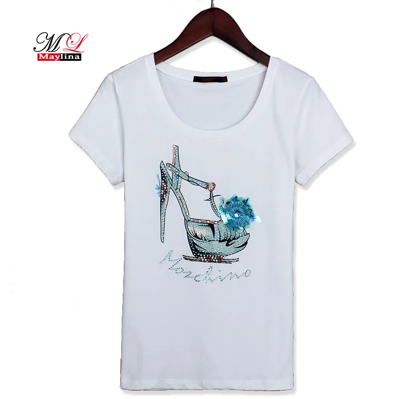Fitaylor Summer Women Cotton T Shirt 2017 Sequins Fashion Black White Casual Plus Size Female Tops