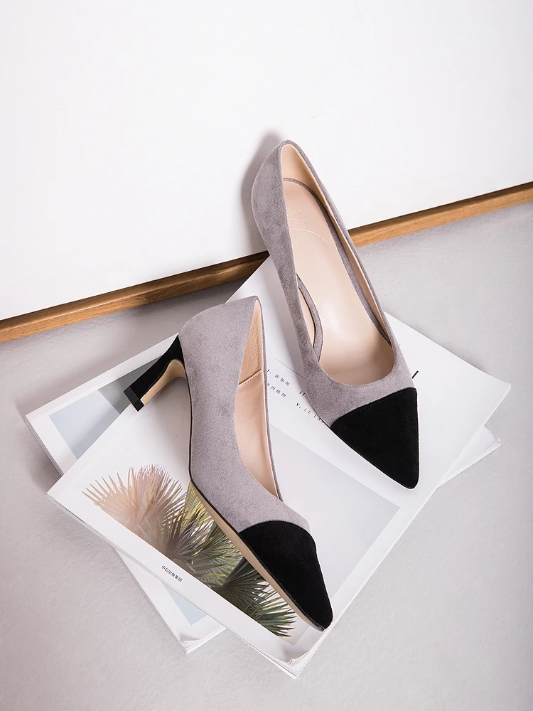 2018 new color matching Hong Kong style retro low heeled high heels