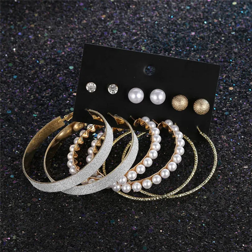 2019 New Fashion Women Girls Multiple Of Creative Diamonds Pearl Matte Large Circle Earrings Ladies Jewelry #E01 (3)