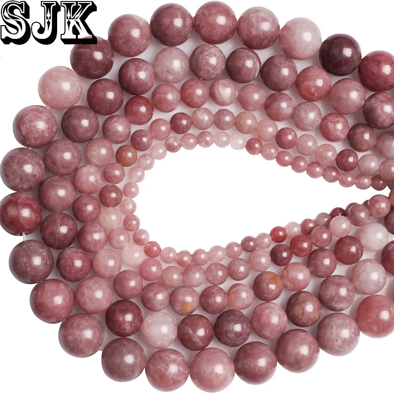 

Natural Lepidolite Stone Strawberry Quartz Stone Round Loose Smooth Beads Spacer 4 6 8 10 12 MM For Jewelry Making DIY Bracelet