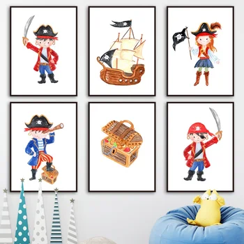 

Cartoon Pirate Boy Girl Ship Treasure Nordic Posters And Prints Wall Art Canvas Painting Wall Pictures For Baby Kids Room Decor