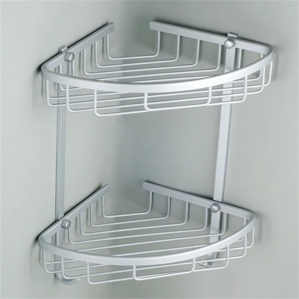 

Double Tiers Aluminum Shower Basket Bathroom Corner Shelf Storage Rack Organizer Holder with Towel Hook Dropshipping