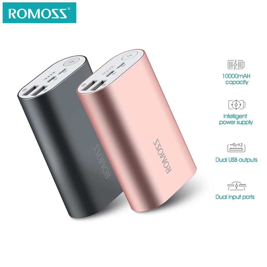 ROMOSS ACE 10000mAh Dual USB Outputs Aluminum Alloy External Battery Pack Power Bank For iPhone