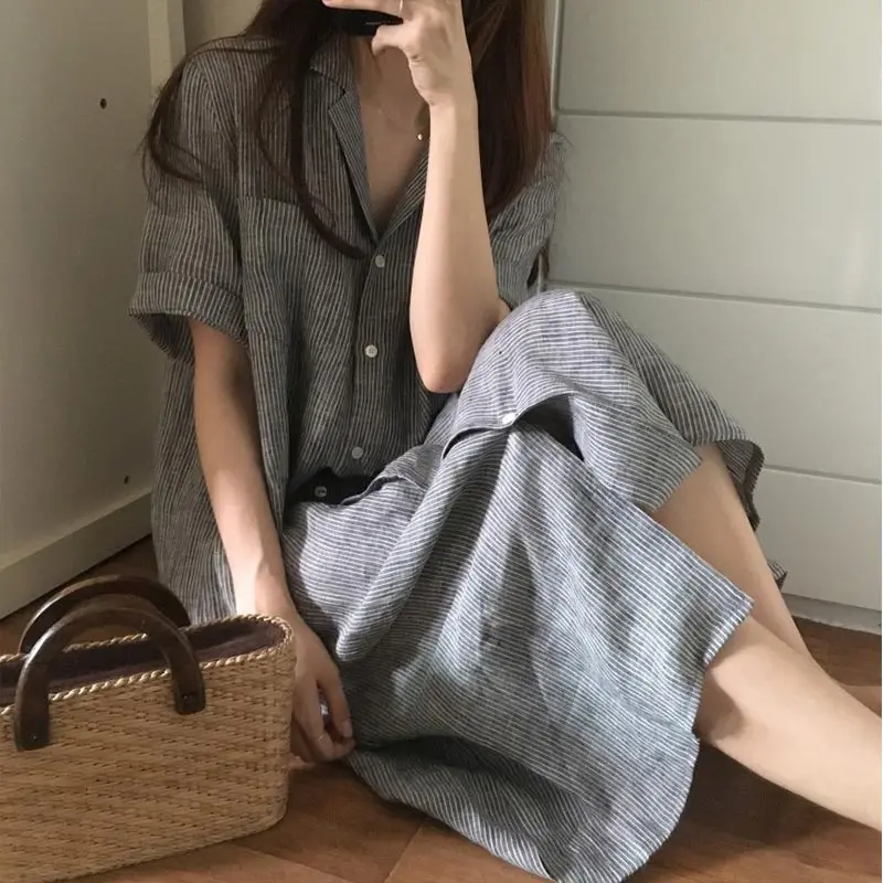 

Loose dress for summer women causal style clothes striped dresses korea chic long dresses v neck vestidos femme