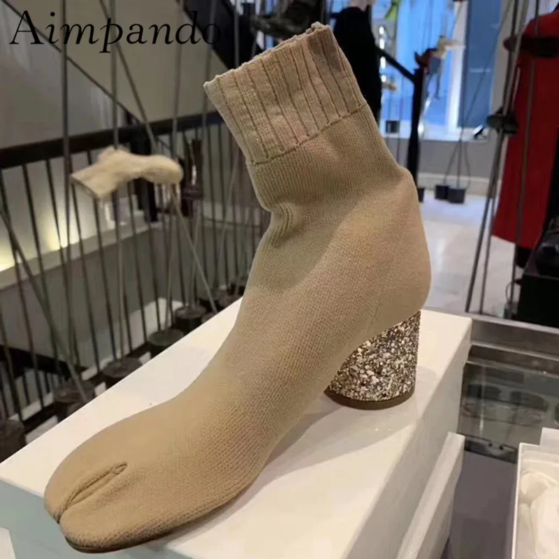 

2019 Split Toe Knitting Sock Boots Woman Newest Design Sequined Chunky High Heel Shoes Women Fashion Ankle Boots