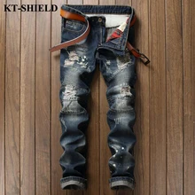Модные Мужские Джинсы Марка 100% Хлопок Синий Slim Fit Рваные Джинсы Homme Случайный Masculina Джинсовые Брюки Pantalones Вакеро hombre