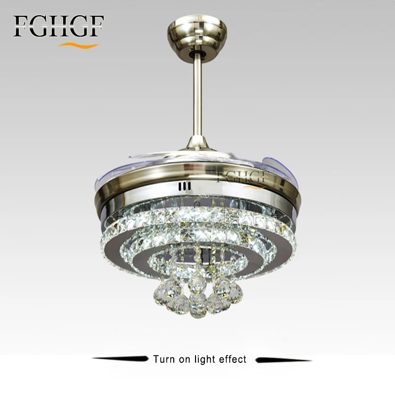 

New Luxury Fan Chandeliers Crystal Lamp Round lustre Living Room Hotel Lights LED Lamp Dining Room Folding Remote Control