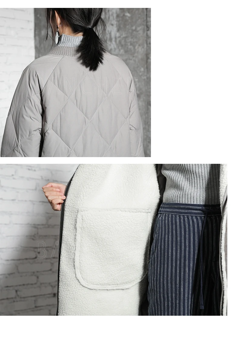 Дизайн повседневное Свободное длинное зимнее пальто с круглым вырезом из искусственной овчины Лоскутная Женская куртка-пуховик на белом утином пуху