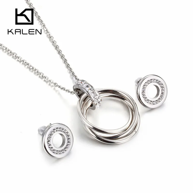 Kalen Fashion Cheap Jewelry Set Gold Color Stainless Steel Round Rings Pendant Necklace Earrings Set For Women Friendship Gift - Image 3
