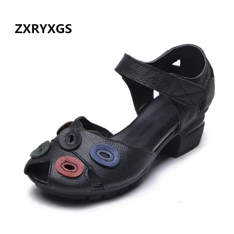 

2019 New Spell Colors Hollow Real Leather Sandals Soft Bottom Thick Heel Shoes Woman Sandals Handmade Comfort Fashion Sandals