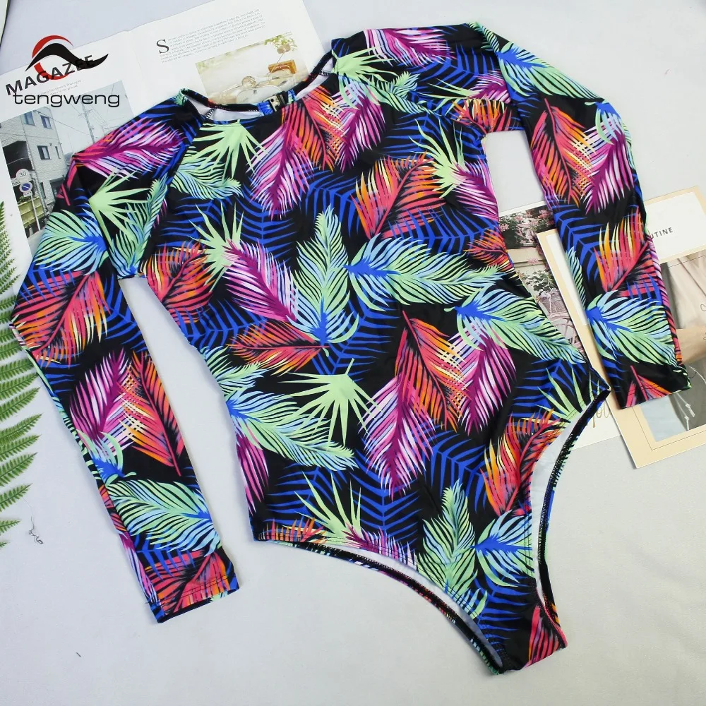 Tengweng 2019 Sexy Backless Print One piece Women Swimsuit Surfing Plus size Thong Swimwear Push up Padded Long Sleeves Swimsuit