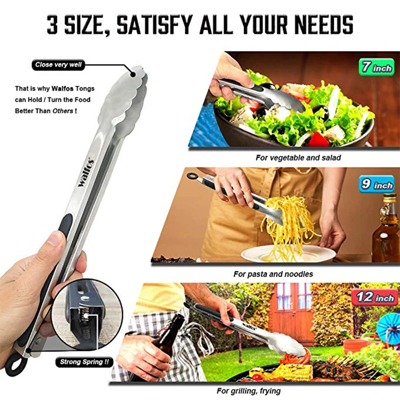 Spring Chef - Tongs for Cooking, Serving Pasta, Grilling, Bbq and Steak,  Easy Grip Heavy Duty Kitchen Tongs with Stainless Steel Tips and Locking