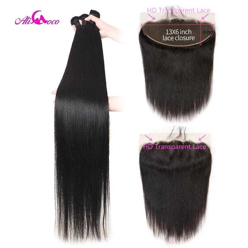 Али Коко бразильские прямые волосы пучки с 13X6 фронтальные 30 дюймов пучки с HD прозрачное кружево фронтальная 32 34 36 remy волосы