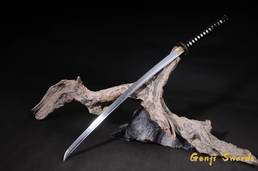 Japanese Samurai Sword Folded Damascus Steel Blade Real Katana Leather Saya Sharp Edge Can Cut Bamboo