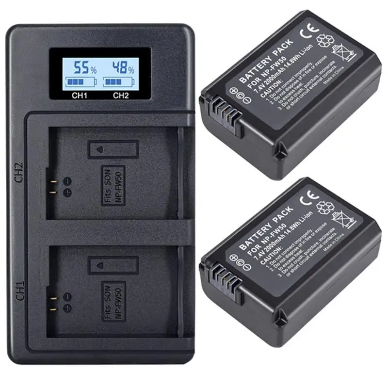 2 шт 2000 мАч Np-Fw50 Np Fw50 батарея для камеры+ ЖК Usb двойное зарядное устройство для Alpha A6500 A6300 A6000 A5000 A3000 Nex-3 A7R - Цвет: Black
