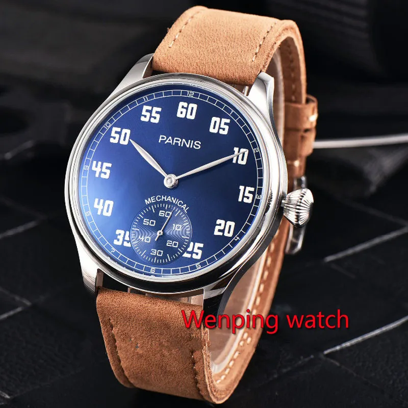 

Parnis 44mm 17 Jewels Steel Case Blue Dial Roman numerals 6498 Hand Winding Movement Watch W2528
