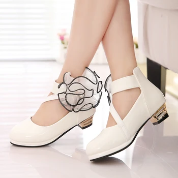 

New Children High Heel for Girls Leather Shoes Fashion Wild White Dress Princess Flower Shoes Kids Party Wedding Dance Red Shoes