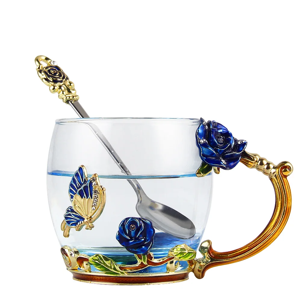 2 шт Голубая роза резьба, эмалированный цвет, Луо поэтическая чайная чашка, хрустальные термостойкие креативные подарки для свадебной вечеринки подарок на день рождения