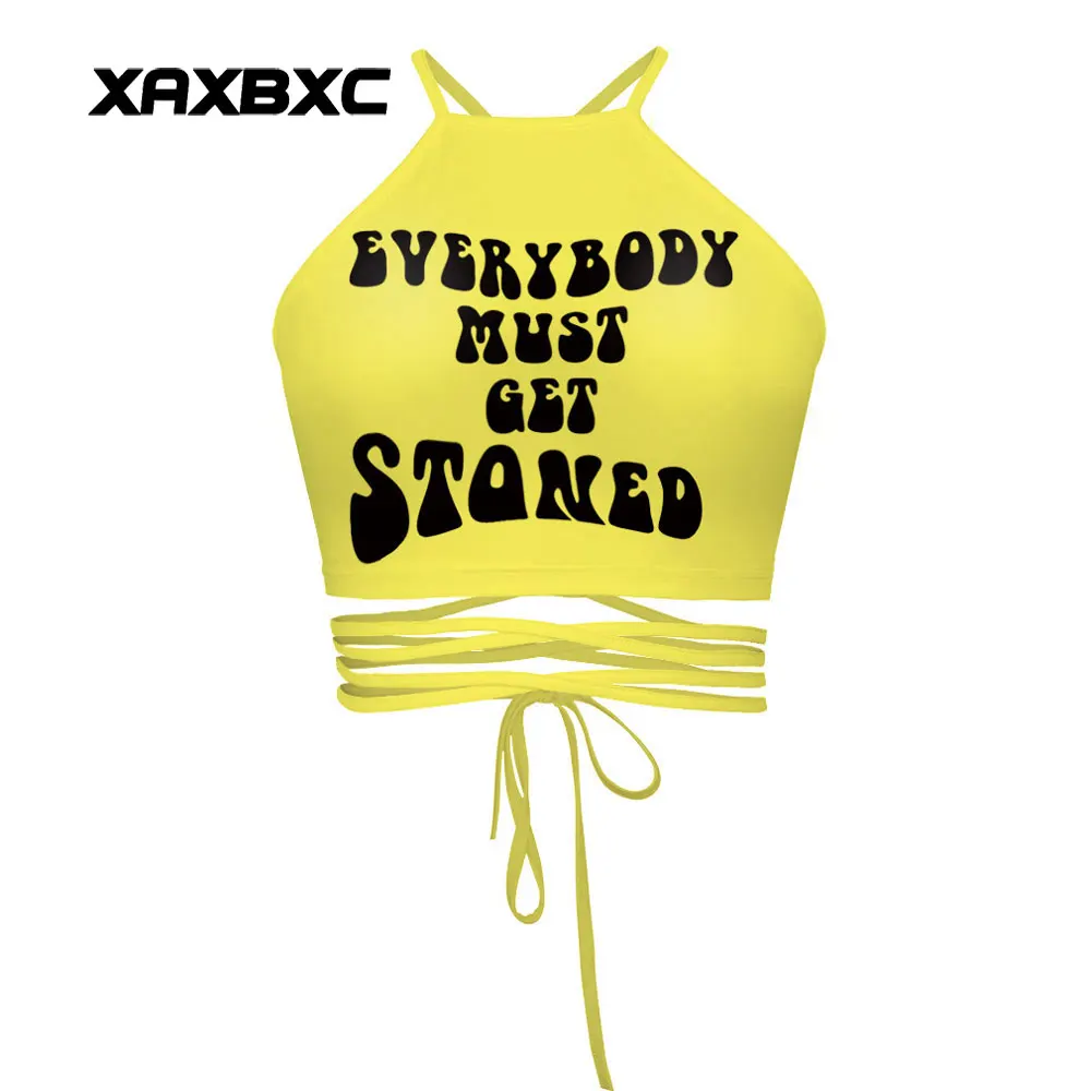 

XAXBXC 001 Summer Sexy Girl Vest Women Cropped Tops Yellow Letter Stoned Prints Slim Fitness Cross Bandage Strap Tank Tops