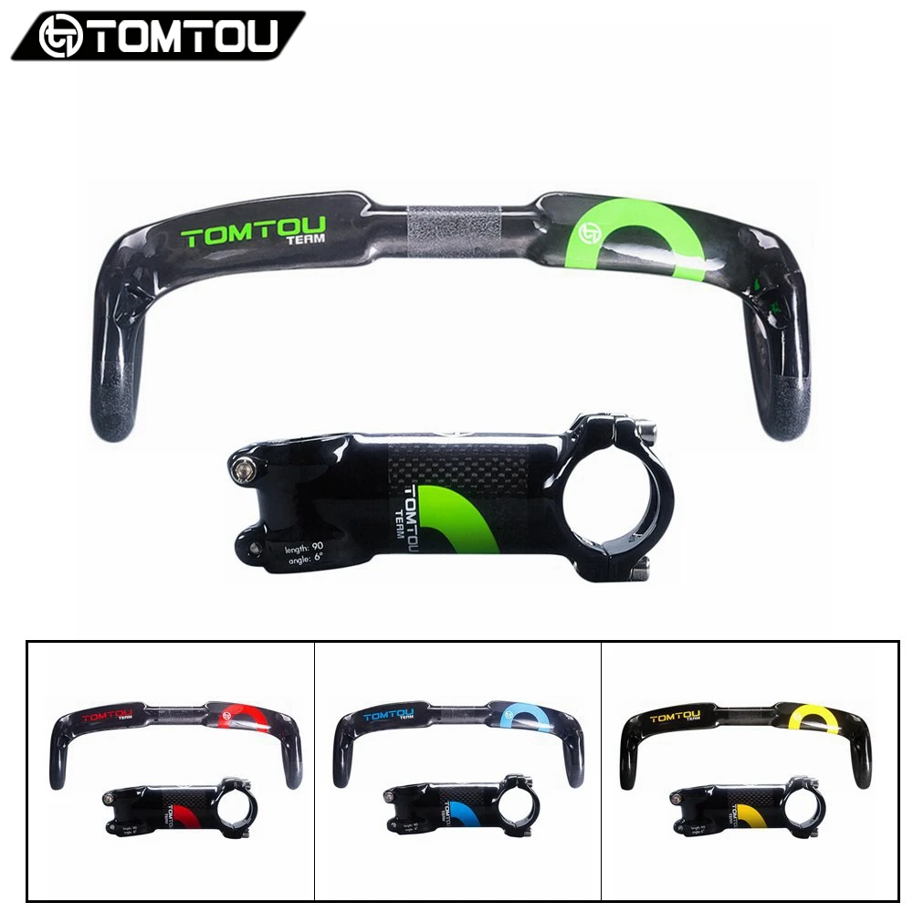 

TOMTOU Glossy 3K Carbon Fiber Handlebar Sets Road Bike Handlebar Stem For Road Bicycles Parts Green Yellow Blue Red - TC5T27
