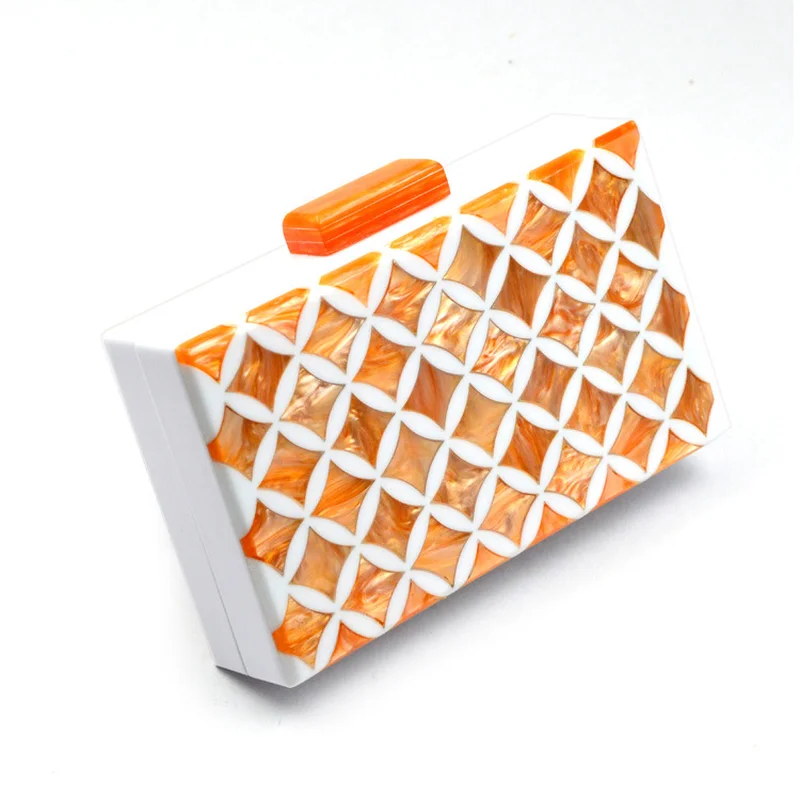 

New Acrylic Gold Coins Pattern Orange Patchwork Rectangular Dinner Bag Shoulder Bag for Women
