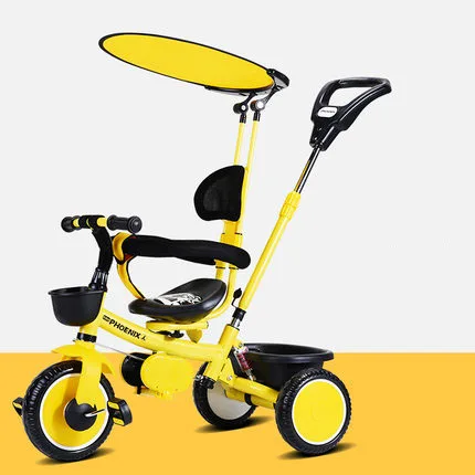 Yellow upgrade Детский трехколесный велосипед с ручным нажатием, вращающееся на 180 °, экологически чистые нетоксичные тормоза для ног от 2 до 6 лет - Цвет: Yellow upgrade