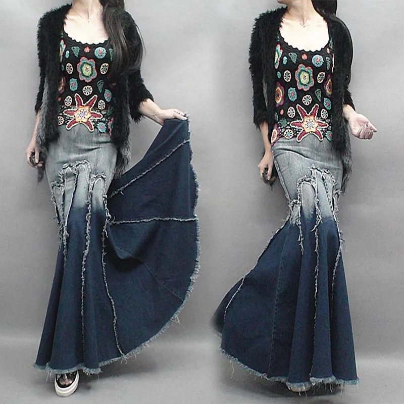 

European station retro women's stitching tassels big pendulum A word denim skirt Slim bag hip high waist fishtail skirt 2019 New