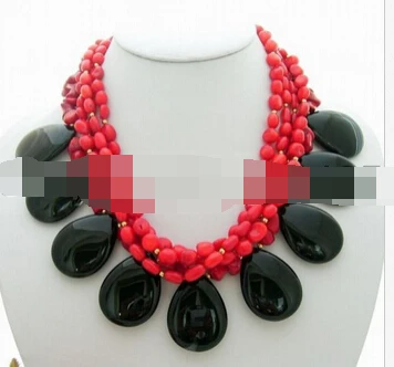

FREE SHIPPING>>> HOT2424 Charming! 5Strds Red Coral&Onyx Necklace